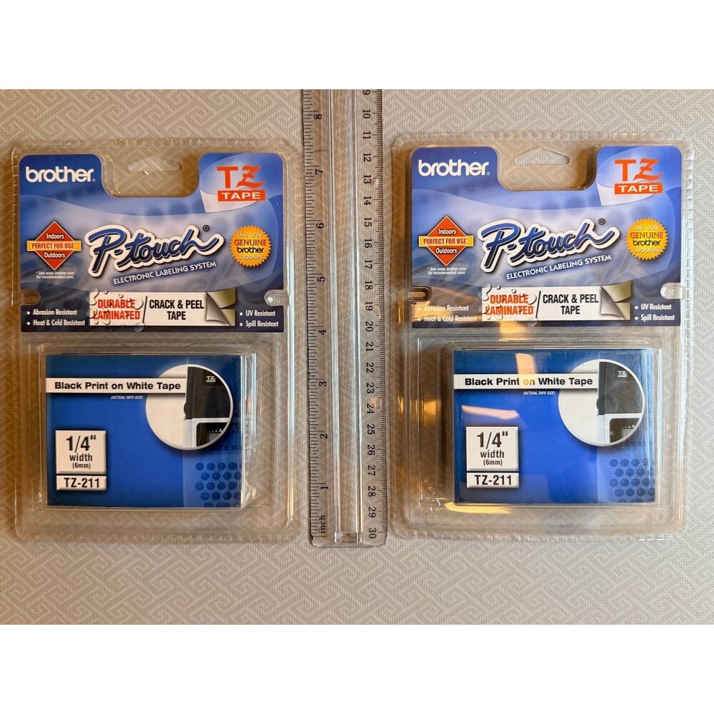 2 Pack Brother P-touch TZ-211 TZe-211 1/4" (6mm) Black on White Laminated Label